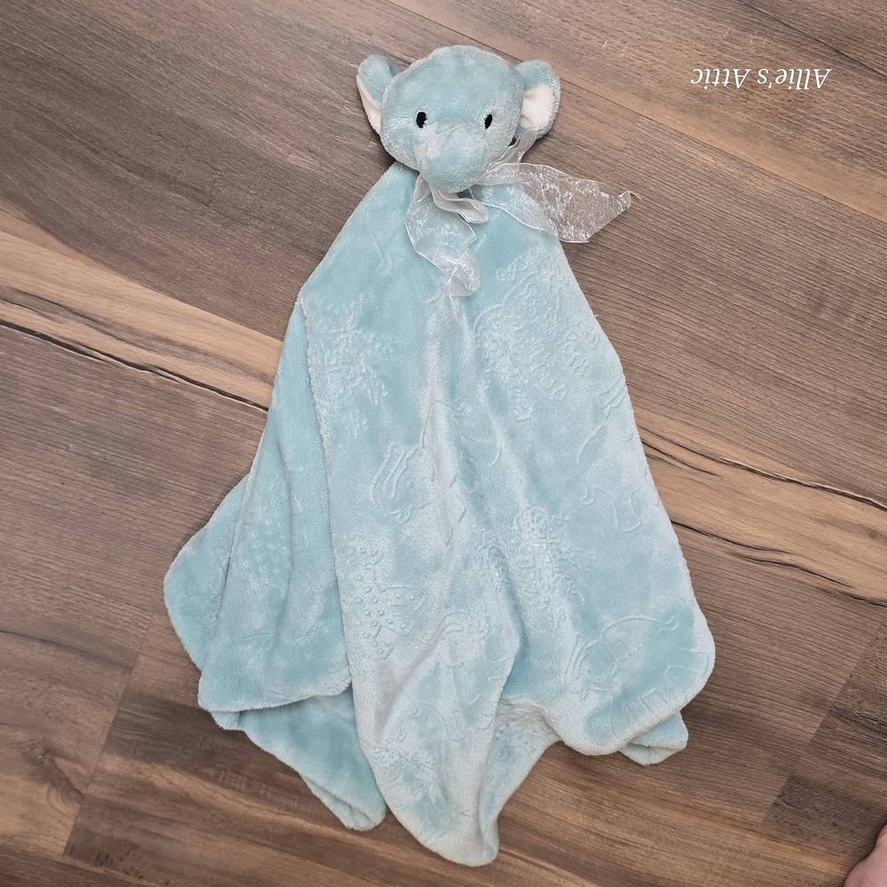 Elephant Lovey Blanket Baby Blue Green Embossed Security Lg 29x30 Beth Bazaar